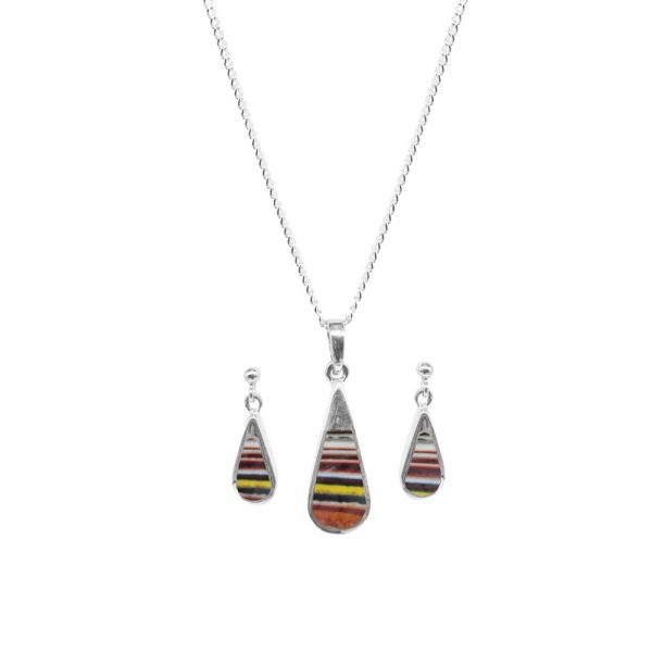 Silver Fordite Teardrop Pendant and Earring Set