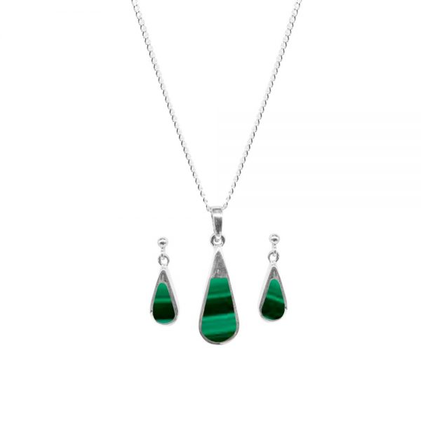 Silver Malachite Teardrop Pendant and Earring Set