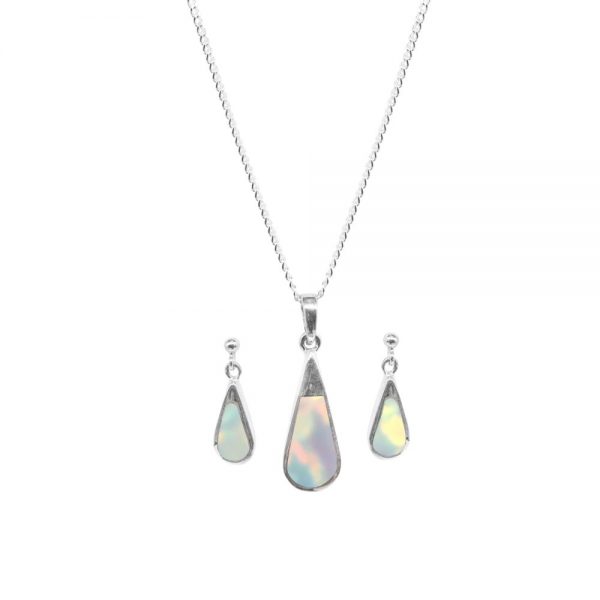 Silver Opalite Sun Ice Teardrop Pendant and Earring Set