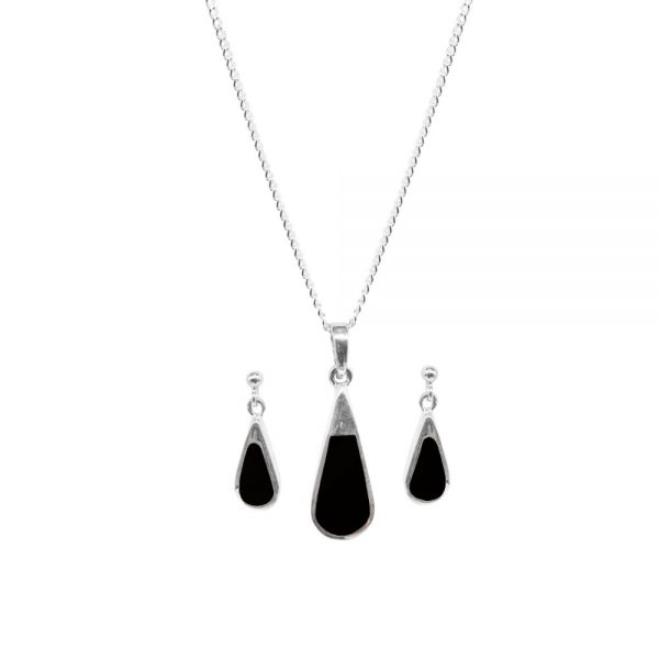 Silver Whitby Jet Teardrop Pendant and Earring Set