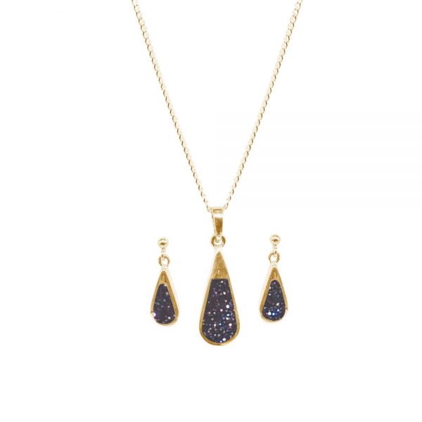 Yellow Gold Blue Goldstone Teardrop Pendant and Earring Set