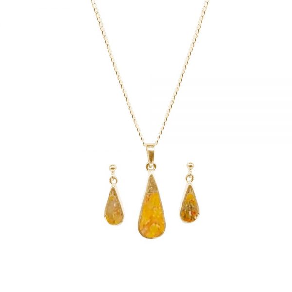 Yellow Gold Bumblebee Jasper Teardrop Pendant and Earring Set