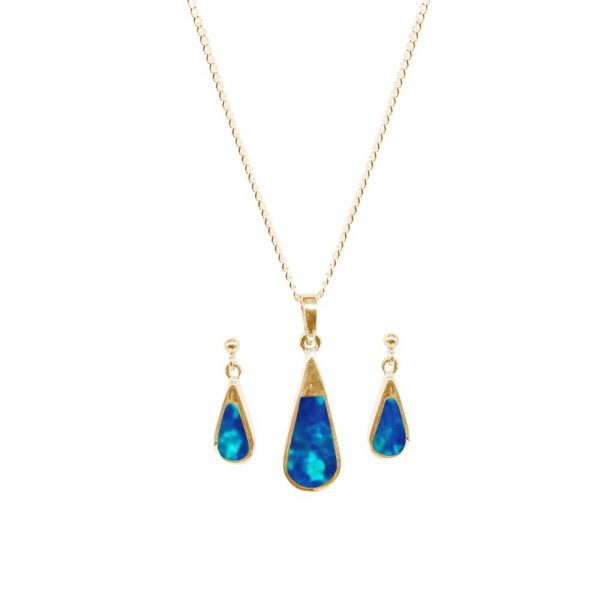 Yellow Gold Opalite Cobalt Blue Teardrop Pendant and Earring Set