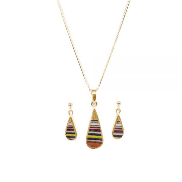 Yellow Gold Fordite Teardrop Pendant and Earring Set