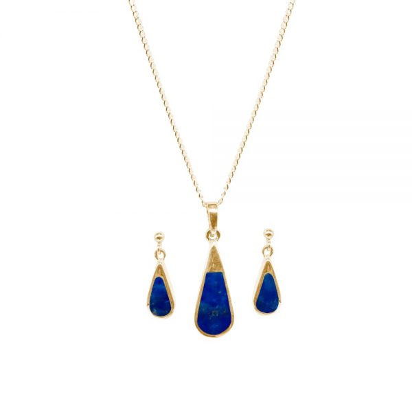 Yellow Gold Lapis Teardrop Pendant and Earring Set