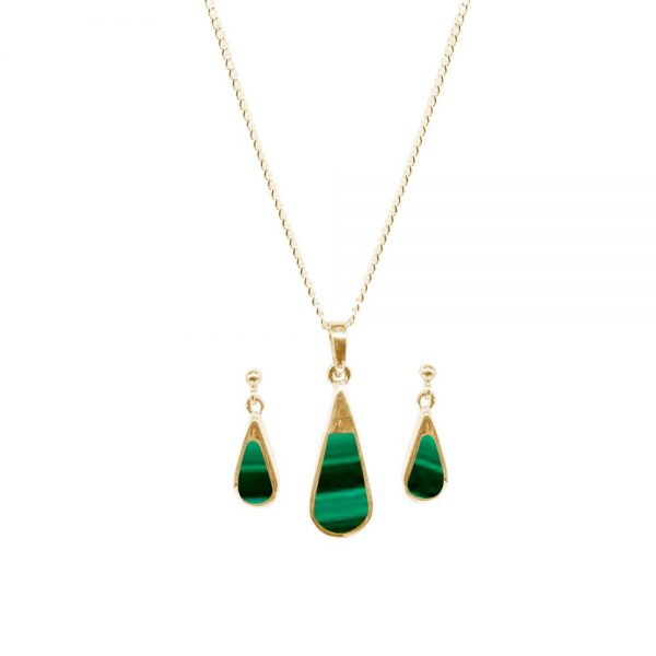 Yellow Gold Malachite Teardrop Pendant and Earring Set