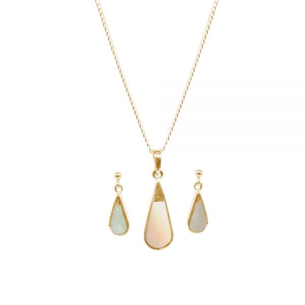 Yellow Gold Mother of Pearl Teardrop Pendant and Earring Set