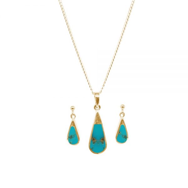 Yellow Gold Turquoise Teardrop Pendant and Earring Set