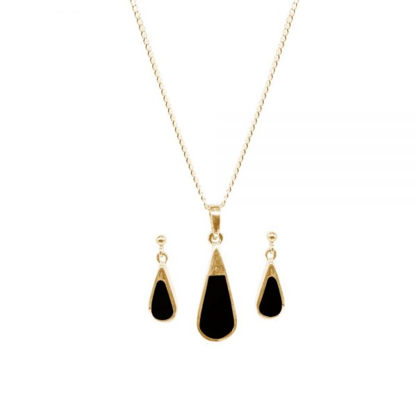 Yellow Gold Whitby Jet Teardrop Pendant and Earring Set