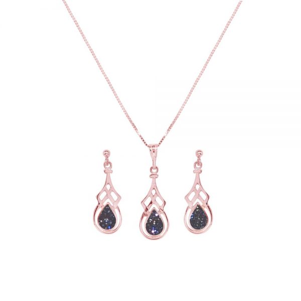 Rose Gold Blue Goldstone Celtic Pendant and Earring Set