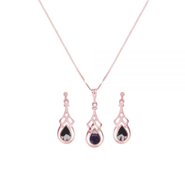 Rose Gold Blue John Celtic Pendant and Earring Set