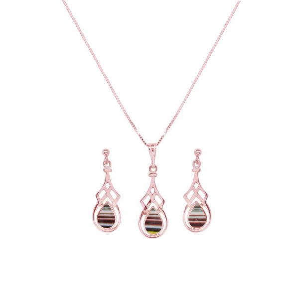 Rose Gold Fordite Celtic Pendant and Earring Set