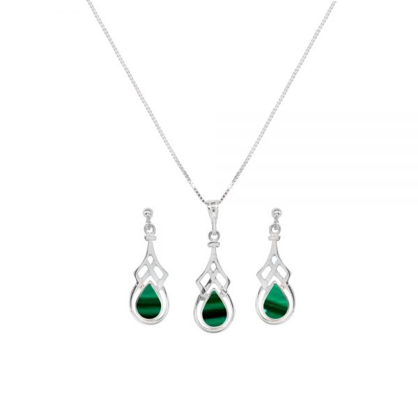 Silver Malachite Celtic Pendant and Earring Set