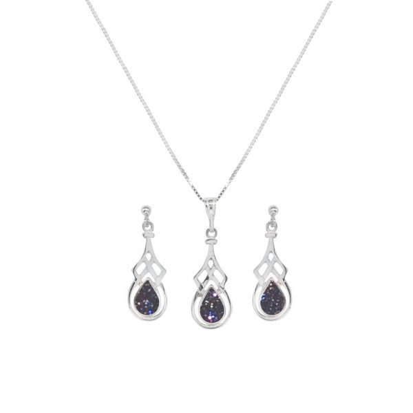 White Gold Blue Goldstone Celtic Pendant and Earring Set