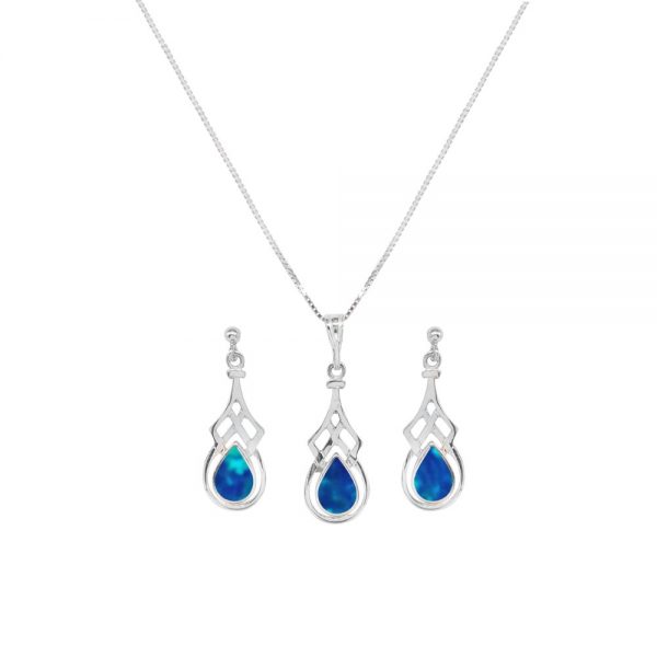 White Gold Opalite Cobalt Blue Celtic Pendant and Earring Set