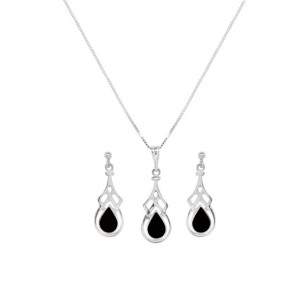 White Gold Whitby Jet Celtic Pendant and Earring Set