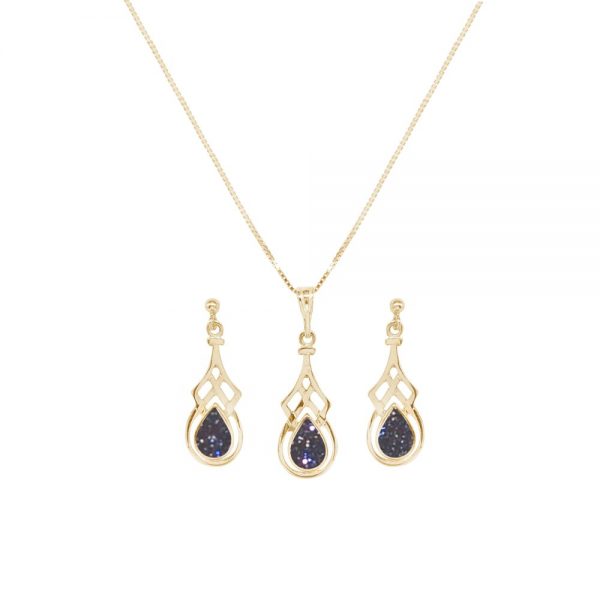 Yellow Gold Blue Goldstone Celtic Pendant and Earring Set