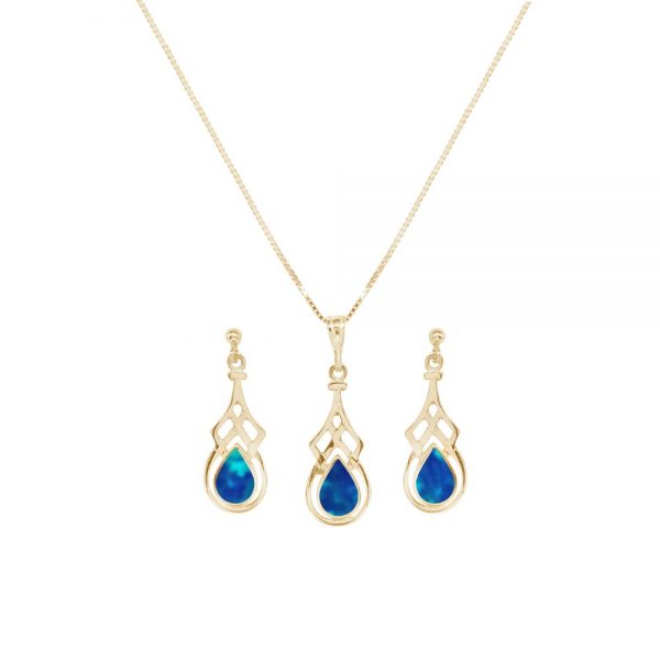 Yellow Gold Opalite Cobalt Blue Celtic Pendant and Earring Set