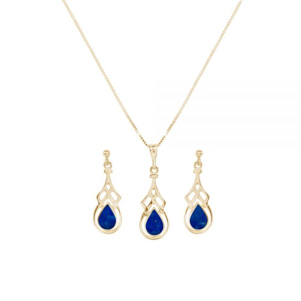 Yellow Gold Lapis Celtic Pendant and Earring Set