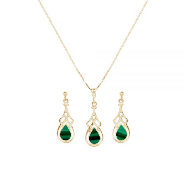 Yellow Gold Malachite Celtic Pendant and Earring Set