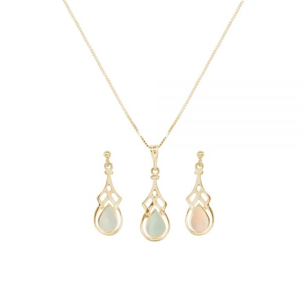 Yellow Gold Mother of Pearl Celtic Pendant and Earring Set