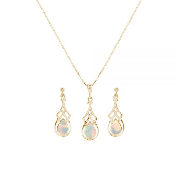 Yellow Gold Opalite Sun Ice Celtic Pendant and Earring Set