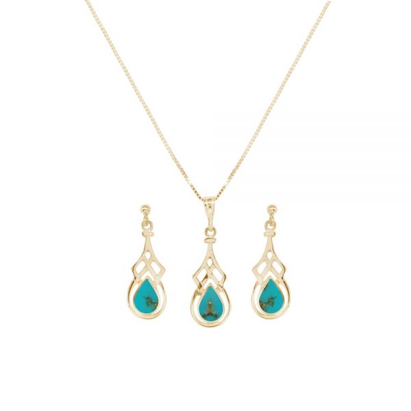 Yellow Gold Turquoise Celtic Pendant and Earring Set