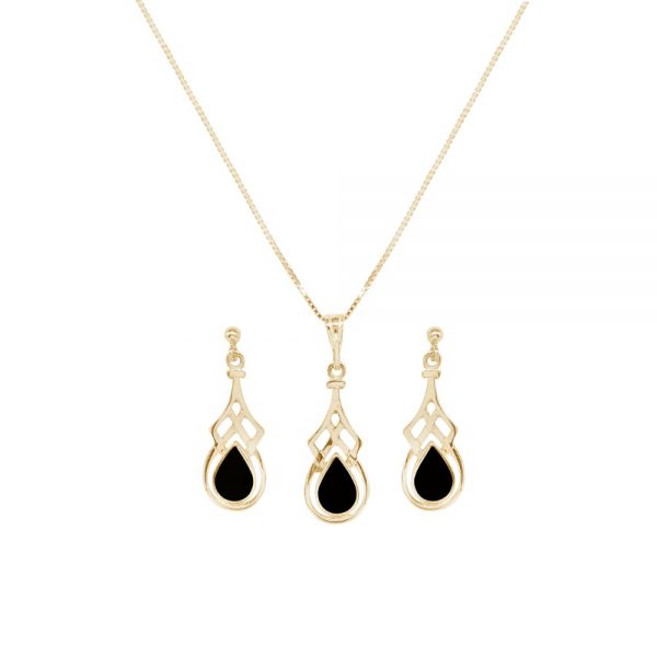Yellow Gold Whitby Jet Celtic Pendant and Earring Set