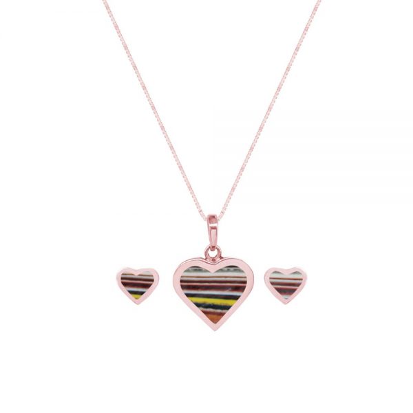 Rose Gold Fordite Heart Shaped Pendant and Earring Set