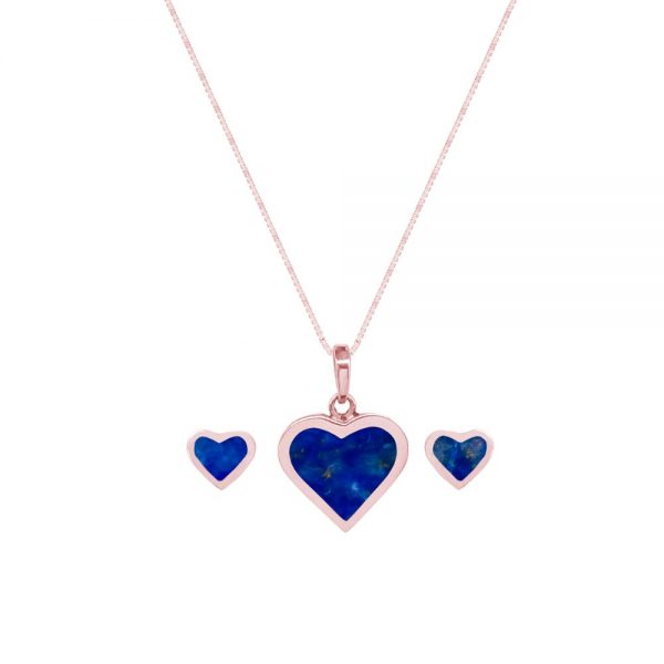 Rose Gold Lapis Heart Shaped Pendant and Earring Set