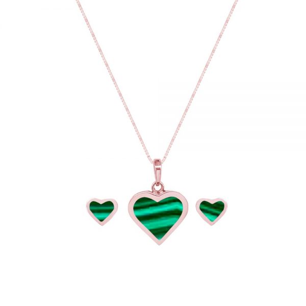 Rose Gold Malachite Heart Shaped Pendant and Earring Set