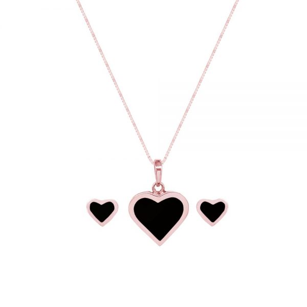 Rose Gold Whitby Jet Heart Shaped Pendant and Earring Set