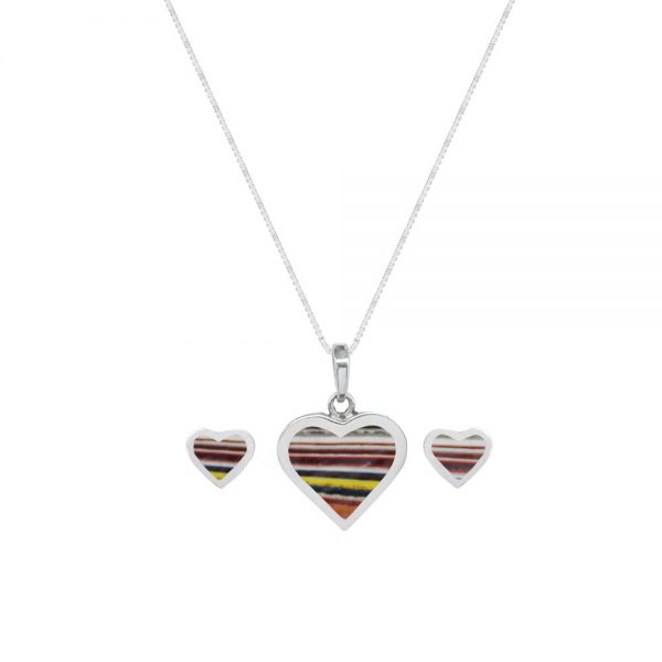 Silver Fordite Heart Shaped Pendant and Earring Set