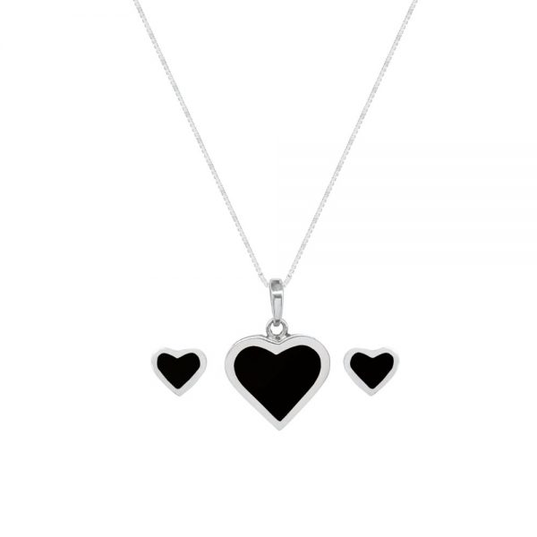 Silver Whitby Jet Heart Shaped Pendant and Earring Set