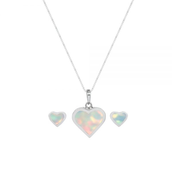 White Gold Opalite Sun Ice Heart Shaped Pendant and Earring Set