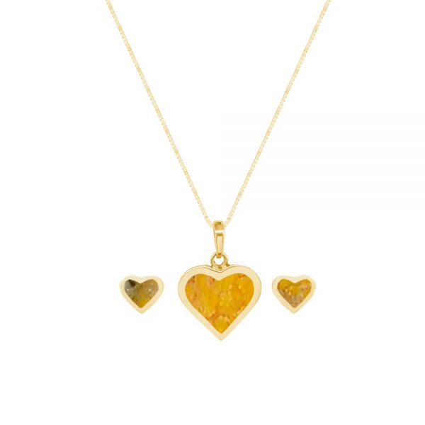 Yellow Gold Bumblebee Jasper Heart Shaped Pendant and Earring Set