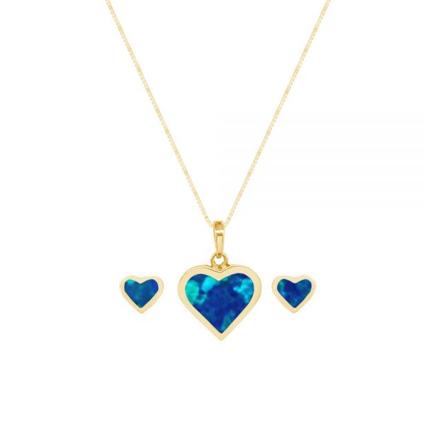 Yellow Gold Opalite Cobalt Blue Heart Shaped Pendant and Earring Set