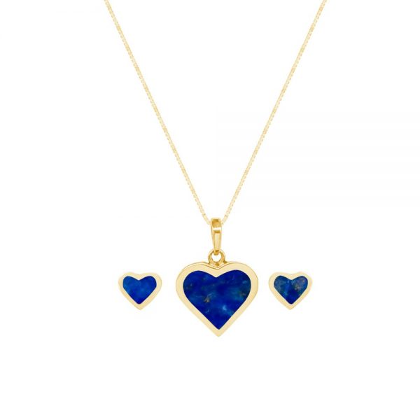 Yellow Gold Lapis Heart Shaped Pendant and Earring Set