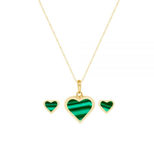 Yellow Gold Malachite Heart Shaped Pendant and Earring Set