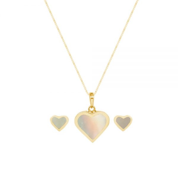 Yellow Gold Mother of Pearl Heart Shaped Pendant and Earring Set