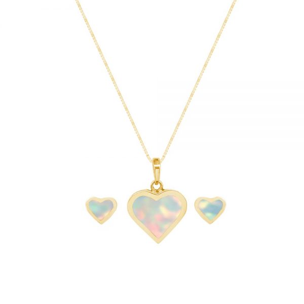Yellow Gold Opalite Sun Ice Heart Shaped Pendant and Earring Set
