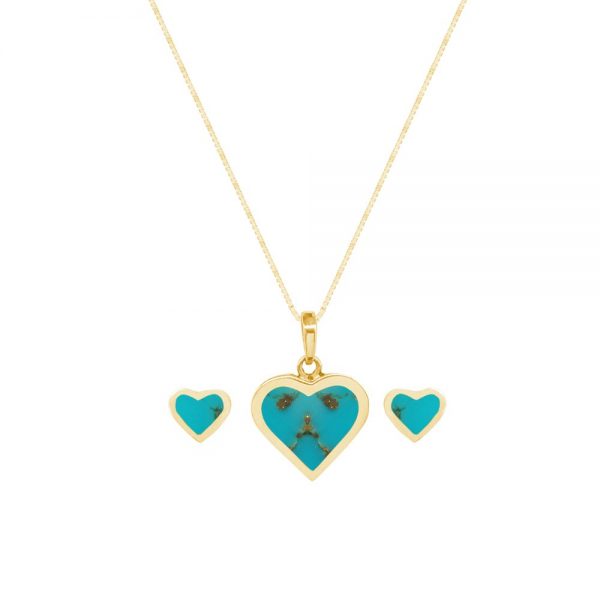 Yellow Gold Turquoise Heart Shaped Pendant and Earring Set