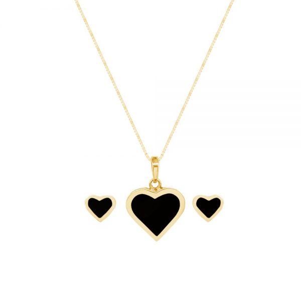 Yellow Gold Whitby Jet Heart Shaped Pendant and Earring Set