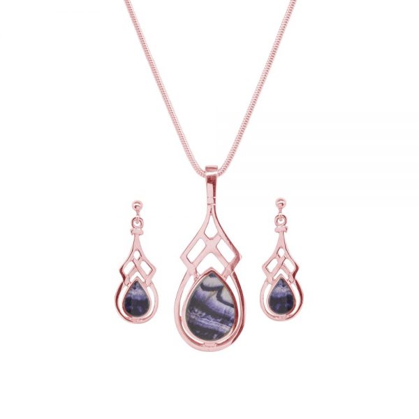 Rose Gold Blue John Celtic Pendant and Earring Set