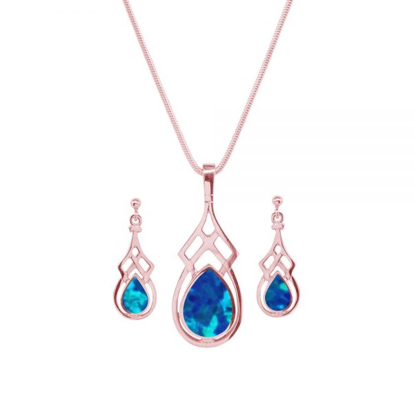 Rose Gold Opalite Cobalt Blue Celtic Pendant and Earring Set