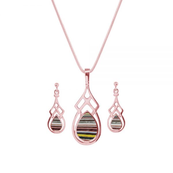 Rose Gold Fordite Celtic Pendant and Earring Set