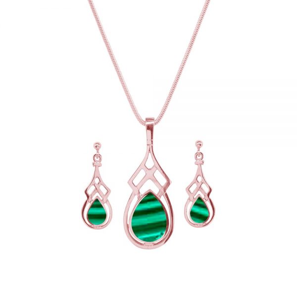 Rose Gold Malachite Celtic Pendant and Earring Set