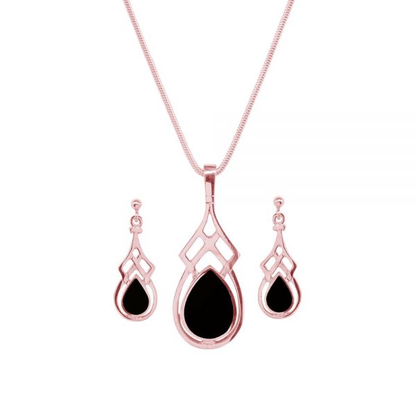 Rose Gold Whitby Jet Celtic Pendant and Earring Set