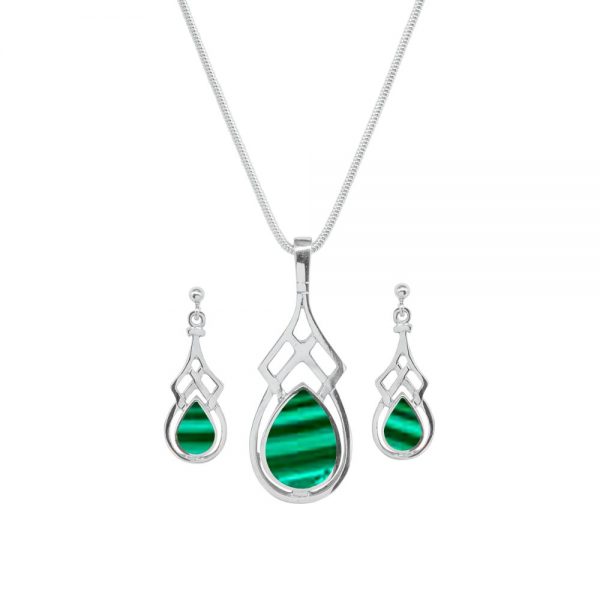 Silver Malachite Celtic Pendant and Earring Set