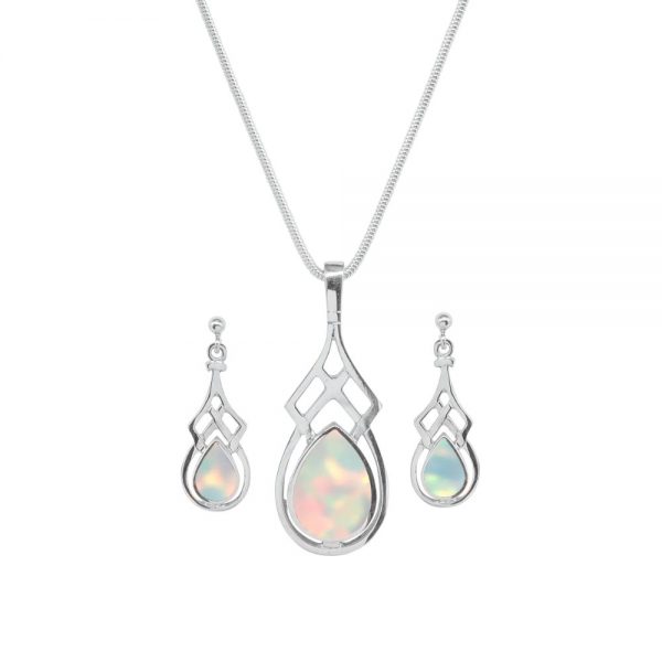 Silver Opalite Sun Ice Celtic Pendant and Earring Set